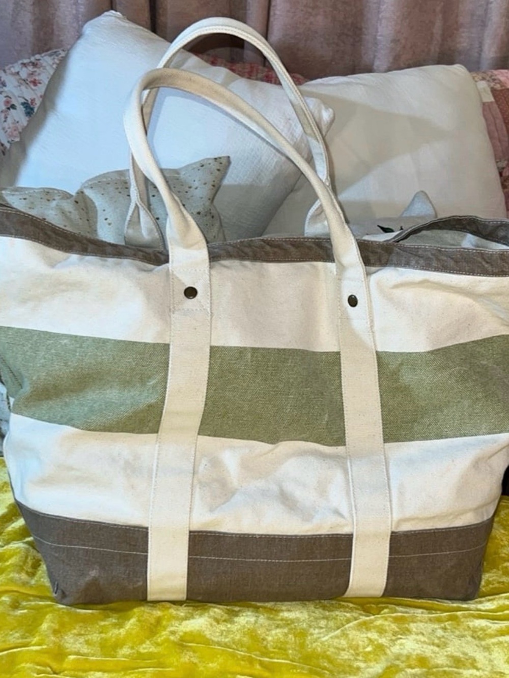 Restoration Hardware Cream, Olive & Brown Canvas Tote